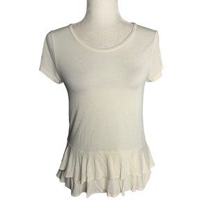 Ann Taylor LOFT Short Sleeve Ruffle T Shirt XS Cream Stretch Knit Round Neck